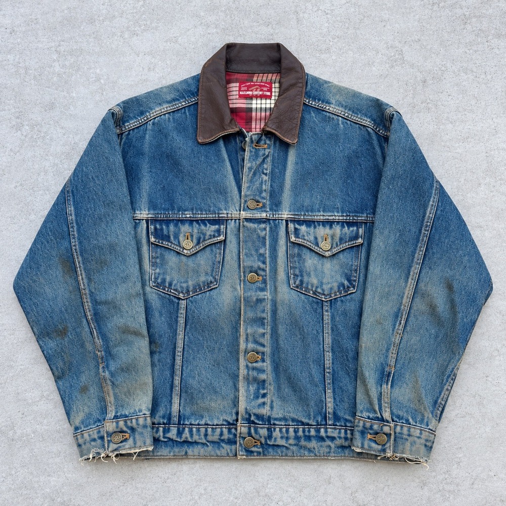 Vintage Marlboro Country Store Denim Jacket Leather Collar Plaid Lined Blue L